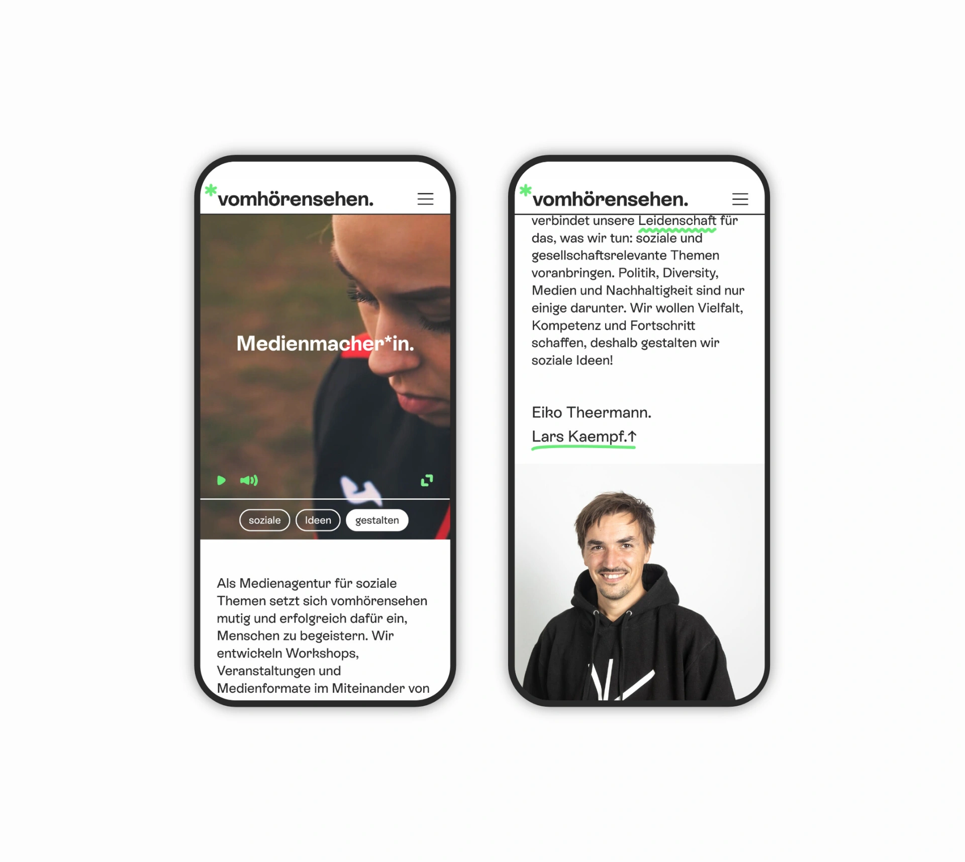 Two mobile views of vomhoerensehen website